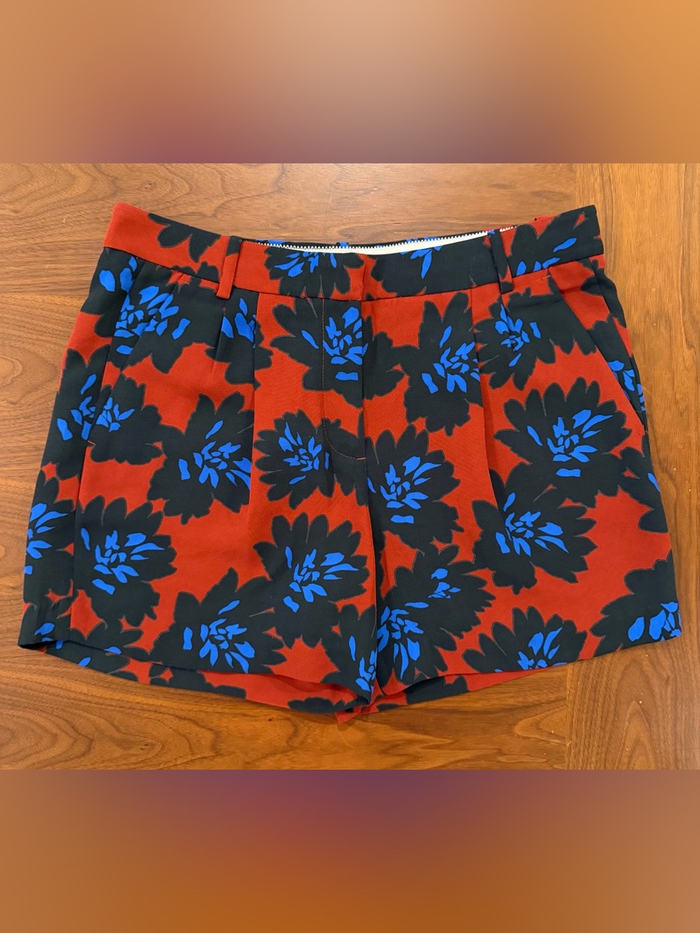 J. Crew Red Floral Bermuda Shorts with Black and Blue Bloom Print Size 6